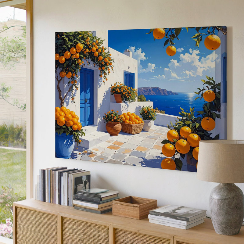 Art méditerranéen, rue orange, village côtier sur toile, H 30 po x l 40 po