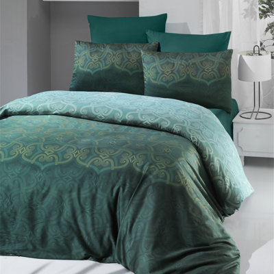 Luxurious 100% Cotton Satin Double Quilt Cover Set, Green | Includes 79 x 87 in Duvet Cover, 94 x 102 in Flat Sheet & 20 x 28 in (2) Pillowcases | 210 Thread Count, Machine Washable, Elegant Design