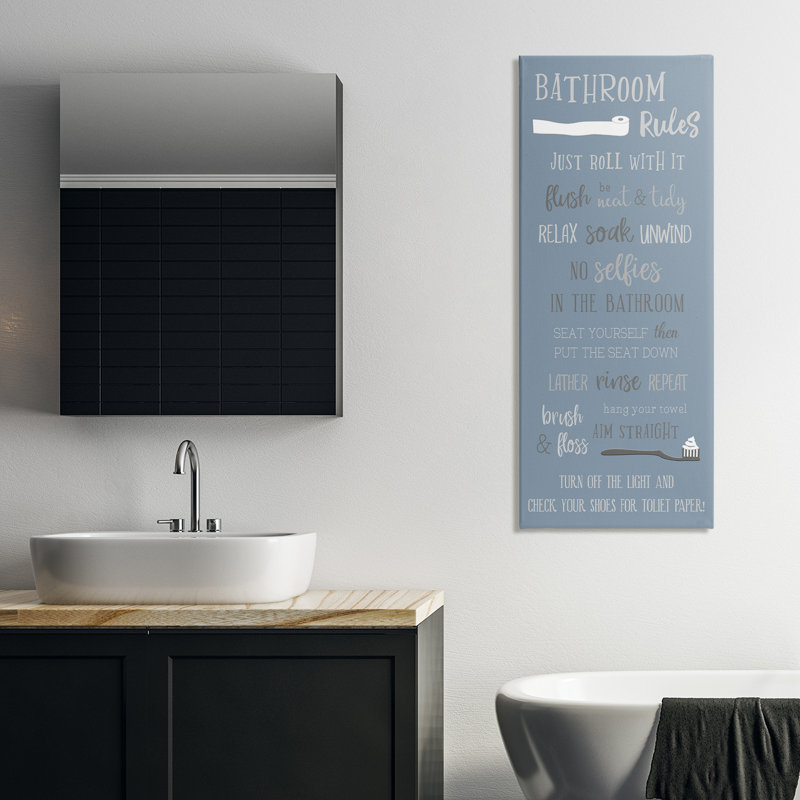 «Bathroom Rules on Mute Blue», art mural par Natalie Carpentieri, H 48 po x l 20 po