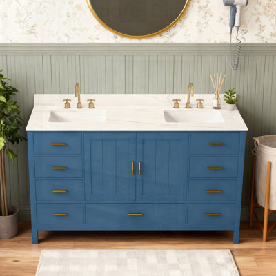 Meuble-lavabo en bois massif avec 2 lavabos, comptoir en quartz double avec 6 trous de robinet pré-percés, 2 portes doubles à fermeture en douceur, 7 tiroirs et 2 petits compartiments de rangement rabattables