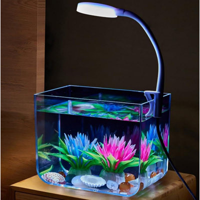 Aquarium Fish Tank with Clip on Lamp, Transparent Aquarium Tank for Goldfish, Shrimp, Betta Fish, Desktop Fish Tank Kit Decorative for Living Room Office, 13x13x15 cm
