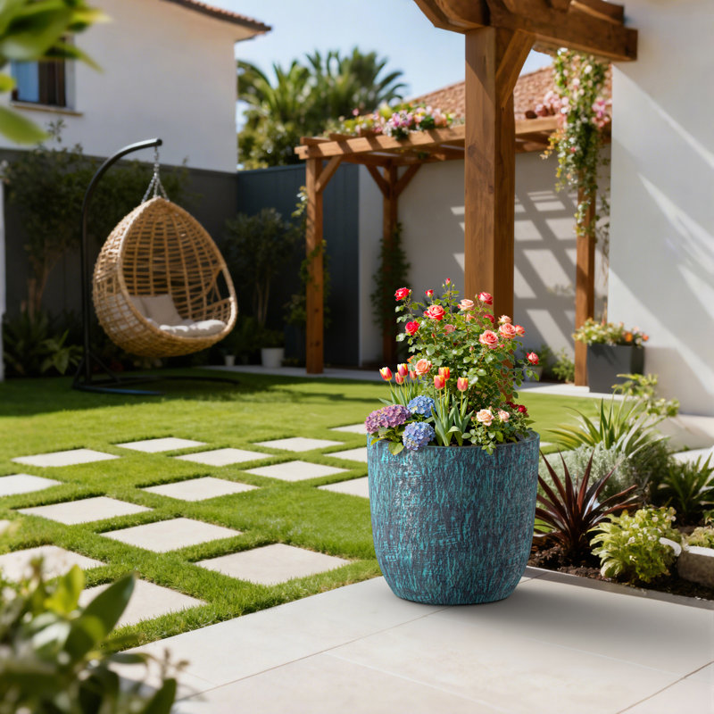 Grand pot à fleurs rond en béton avec trous de drainage pour l'intérieur et l'extérieur, H 15,35 po x l 16,54 po x P 16,54 po