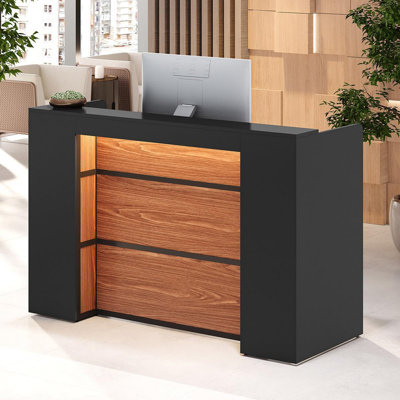 63" Modern Reception Desk With LED Lights, Front Counter With Storage For Office Lobby, Beauty Salon, Retail Store, Clinic, Or Checkout Area – Black & Rustic Brown Finish