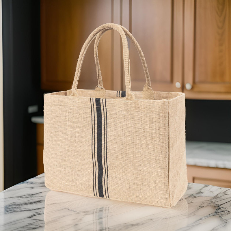 Sac fourre-tout en jute avec poignées KAF Home, Rayures noires