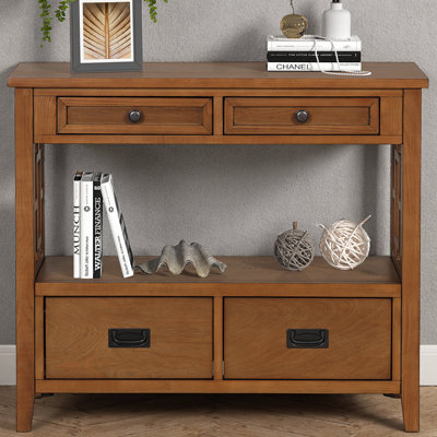 36" Farmhouse Pine Wood Console Table – Entryway/Sofa Table with 4 Drawers & Storage Shelf – Rustic Vintage for Living Room, Bedroom, Hallway, Kitchen – Solid Wood, Mixed Handle Design