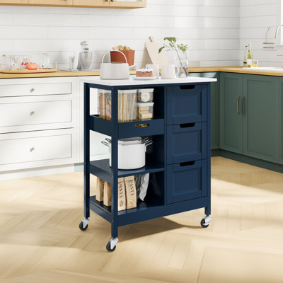 Ariayah Solid Wood Top Kitchen Island Cart with Wheels  & Drawers
