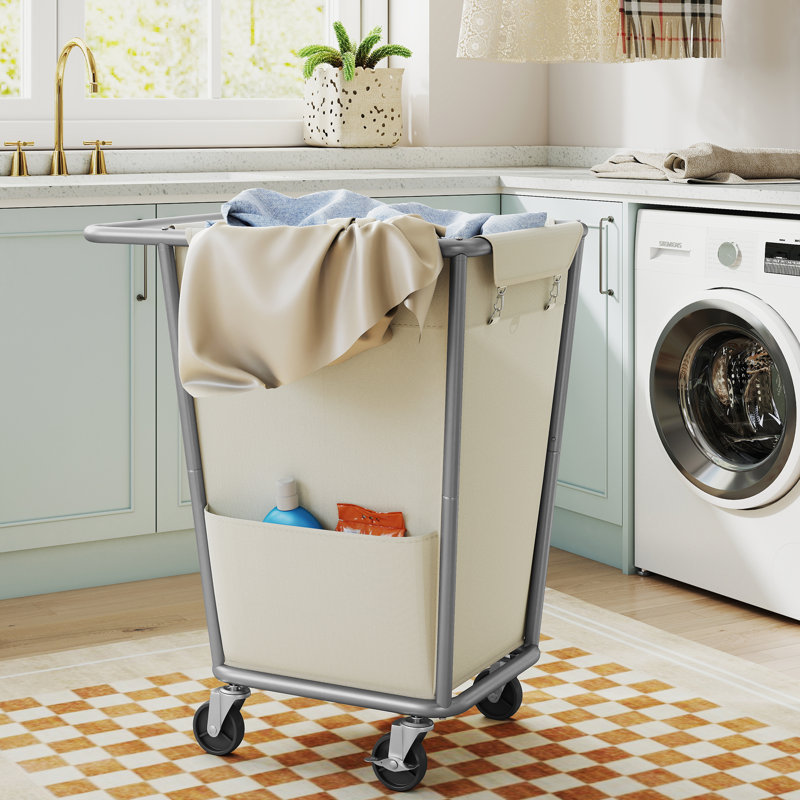 Laundry Basket With Wheels, Removable Bag, Steel Frame, , Cream White