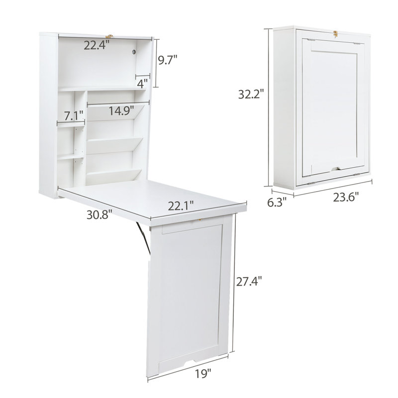 Wall-Mounted Folding Desk, Modern Convertible Fold Out Computer Desk, Foldable Floating Cabinet Table with Multi-Level Storage Shelves for Home, Office, White