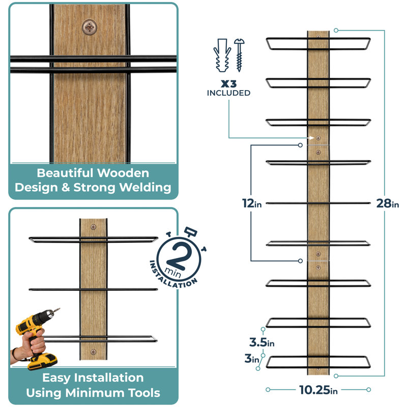 Mahogany and Black Metal Wall Mounted 9-Bottle Wine Rack