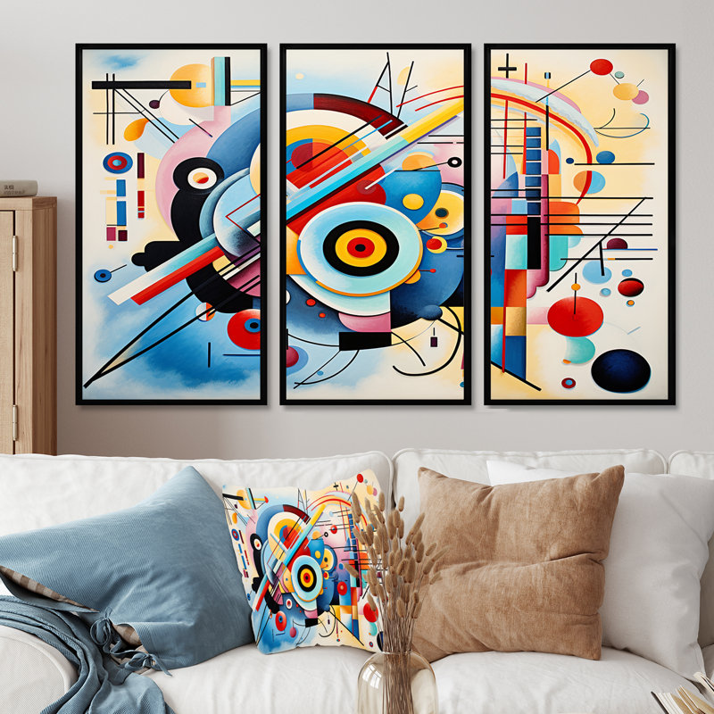 Ensemble de salon Mid-Century Symphony Blue Jazz II - art géométrique mural, Cadre flottant noir, H 28 po x l 36 po x P 1 po