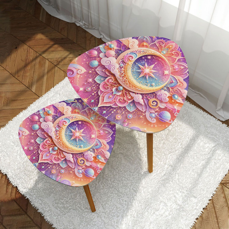 Ensemble de 2 tables basses gigognes triangulaires Mandala Crescent Moon Planets Pastel Colors