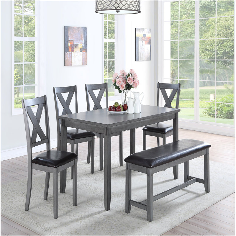 Mobilier de salle à manger décontracté moderne 6 pièces table de salle à manger 4 chaises d'appoint et un banc en bois d'hévéa et placages de bouleau gris