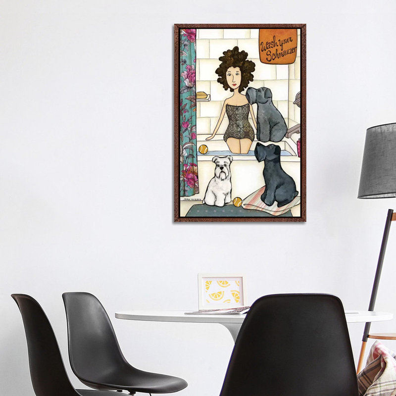 Schnauzer Tub by Jamie Morath - Print on Canvas, 101.6cm H x 66.04cm W x 3.81cm D, Classic Brown Wood Floater Framed