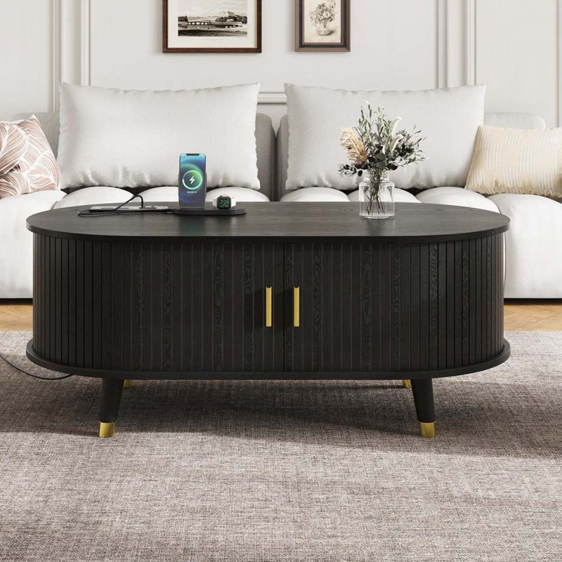 Oval Fluted Coffee Table with Charging Station, Black