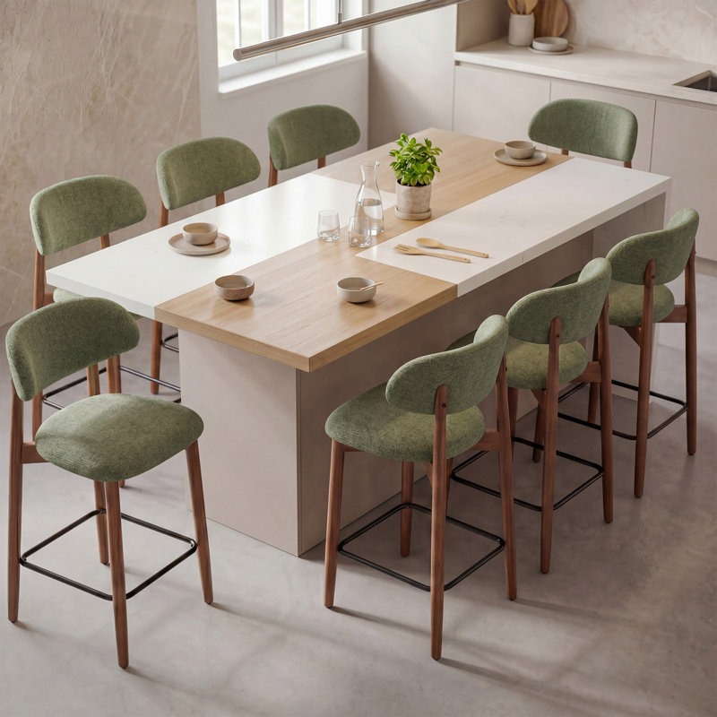 Chaise rembourrée en bois massif avec tabouret, Vert, 6