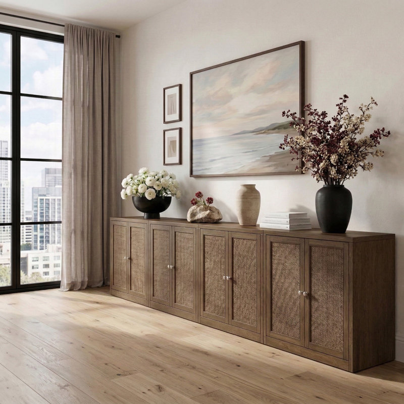 Buffet / placage en bois massif et placage de chêne Gerardi, Brun, 4