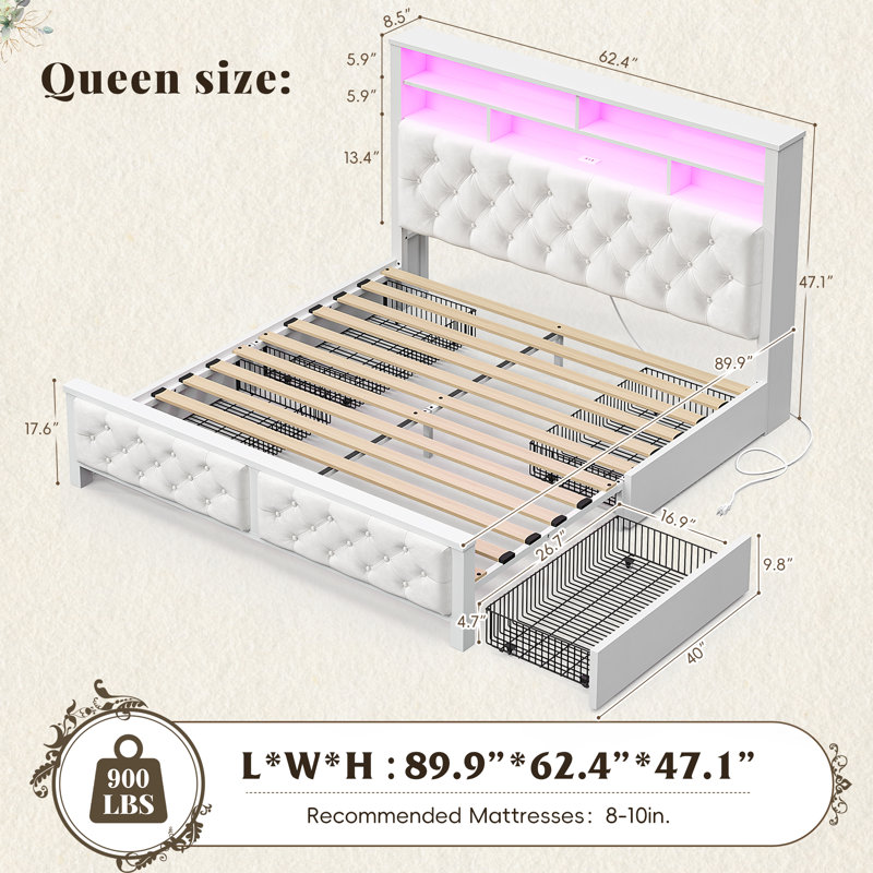 Bed With Headboard,upholstered Bed With 4 Storage Drawers,modern Bed Frame With Charging Station & Led Light, Beige, Queen