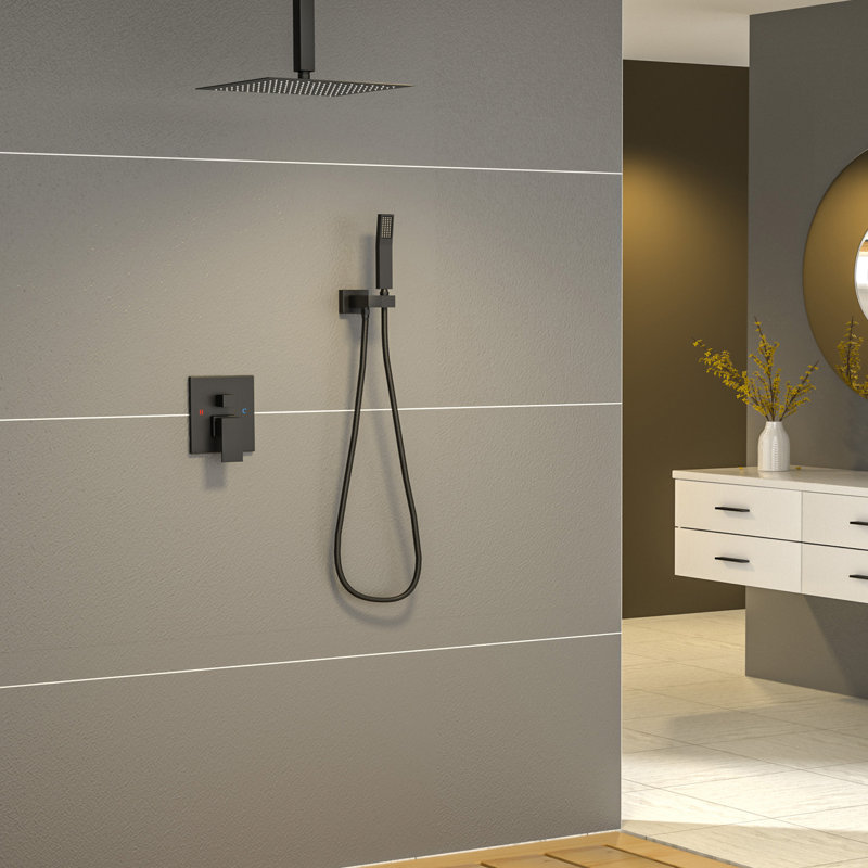 Matte Black 12" Ceiling Mounted Rain Shower System with Handheld Spray
