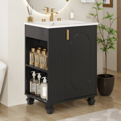 Meuble-lavabo de style rétro de 24 po comprenant une porte d'armoire à fermeture douce, des tablettes à 2 niveaux, des compartiments latéraux ouverts et un cadre en bois massif avec lavabo en céramique lisse facile à nettoyer, cadre et poignées en métal