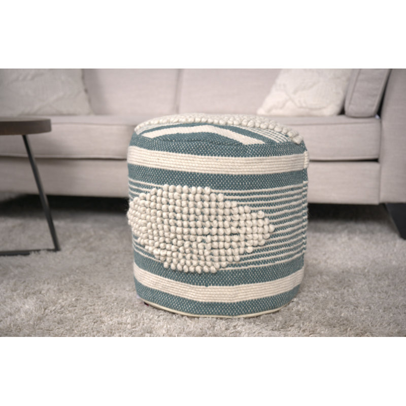 Handcrafted Fabric Cylindrical Pouf, White and Teal, Teal