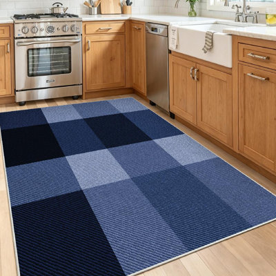 Blue Abstract Indigo Checked Fabric Plaid Navy Check Denim Jeans Backdrop Machine Washable Indoor Area Rug
