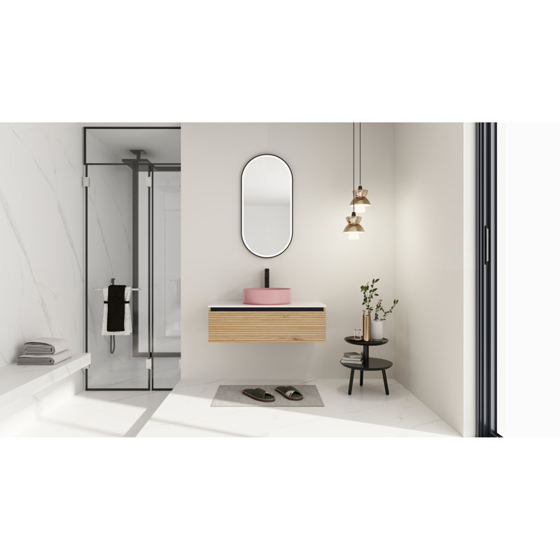 Meuble-lavabo mural moderne avec lavabo en céramique rose, élégant et écologique