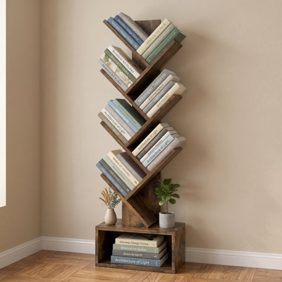 Rustic Brown 6-Tier Tree-Shaped Tall Bookcase with Drawer, Freestanding Display Shelf for Home Office or Living Room