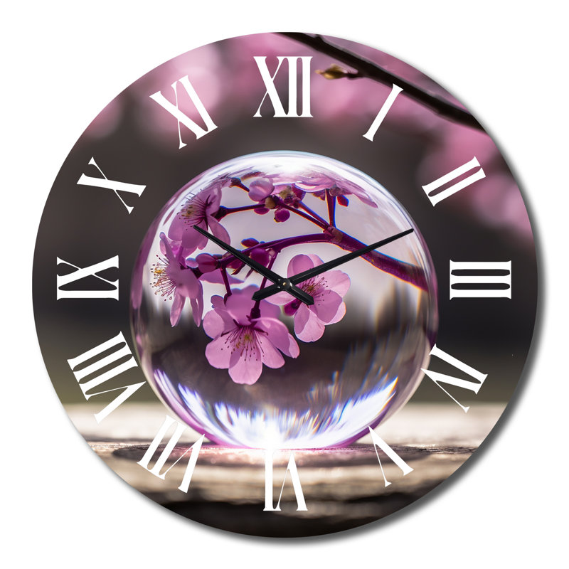 Horloge murale en cristal avec boule de cristal et fleur de cerisier rose, Grand