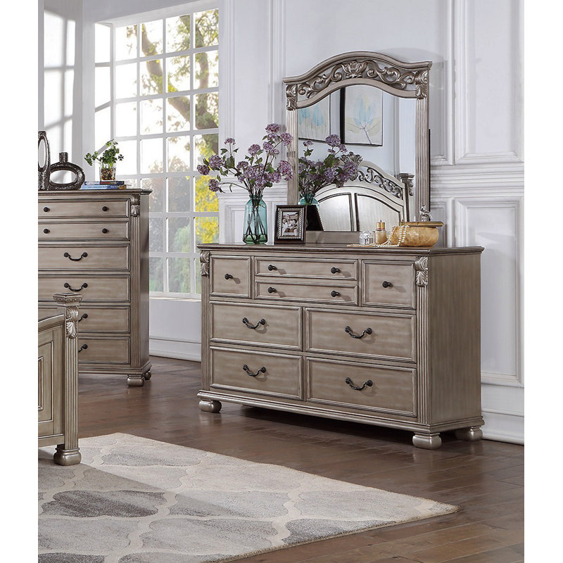 Commode et miroir en bois argent antique antique avec poignées suspendues et tiroirs suspendus