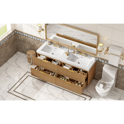 [Vidéo] Meuble-lavabo à double cuve 59,3 po avec comptoir SMC, armoire en panneau de fibres à densité moyenne peint, tiroirs à fermeture en douceur, meuble-lavabo mural moderne