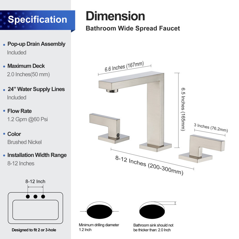 Widespread 2-handle Bathroom Faucet with Drain Assembly, Brushed Nickel