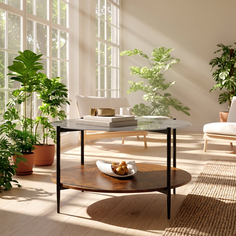 Table basse ronde moderne en verre trempé et bois de noyer, dimensions : 82 cm (L) x 82 cm (P) x 45 cm (H)
