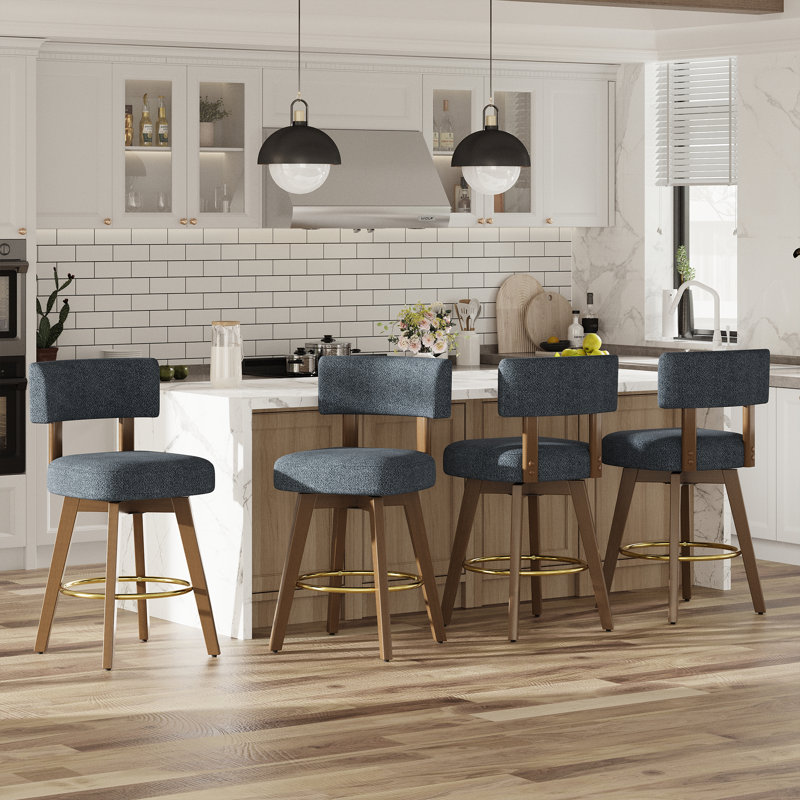 Tabouret de bar pivotant rembourré avec structure en bois massif et repose-pieds plaqué or, Bleu