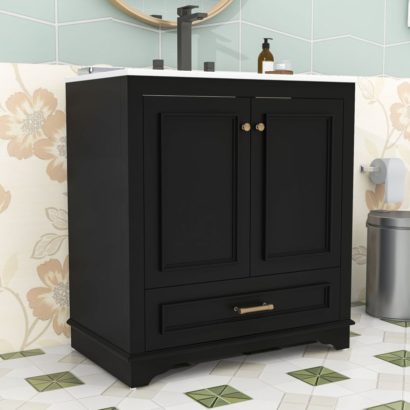 Meuble-lavabo moderne avec lavabo en céramique, tablette réglable et tiroir de rangement, Noir