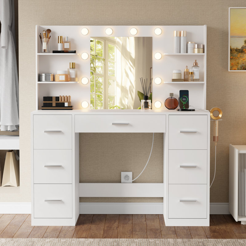 Ragin Makeup Vanity With Usb Power Outlet And 3 Modes Adjustable Brightness Light, 54.1" H x 43.3" W x 17.7" D, White