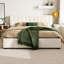 Structure de lit tapissier très grand Cocoon avec tissu en lin, tête de lit courbée épaisse et pieds en bois massif, cadre de lit plateforme beige, aucun sommier requis, assemblage facile, supporte 600 lb