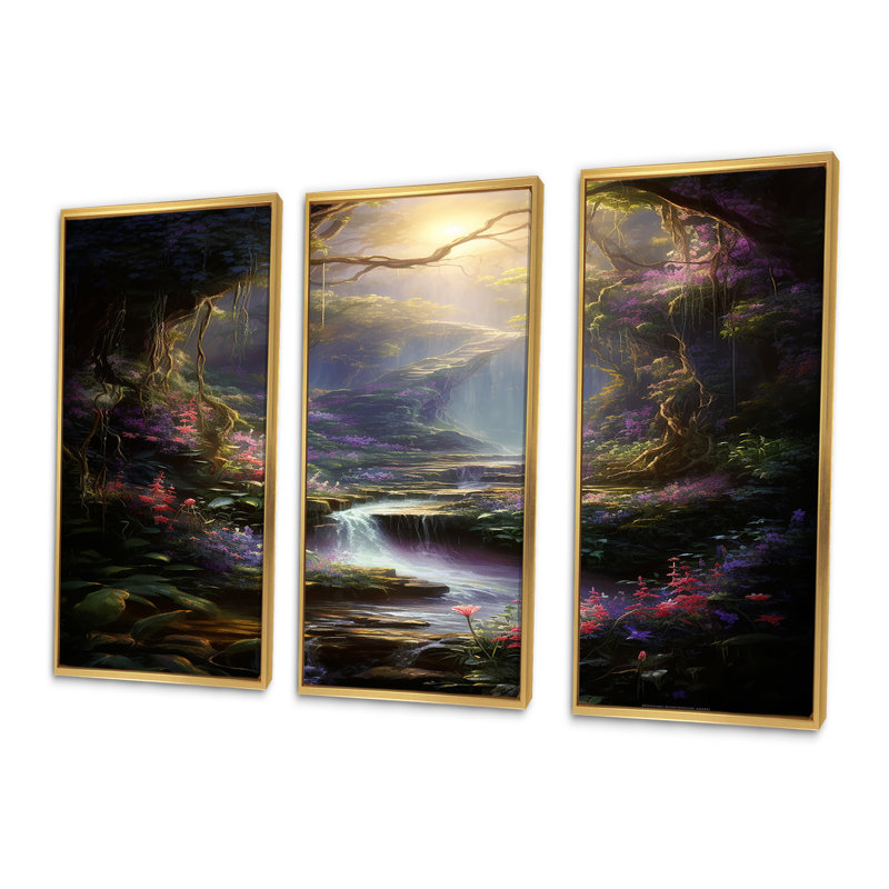 Ensemble de salon Magical Stream With Flowers In The Woods - River Wall Art, Cadre flottant doré, H 40 po x l 60 po x P 1 po