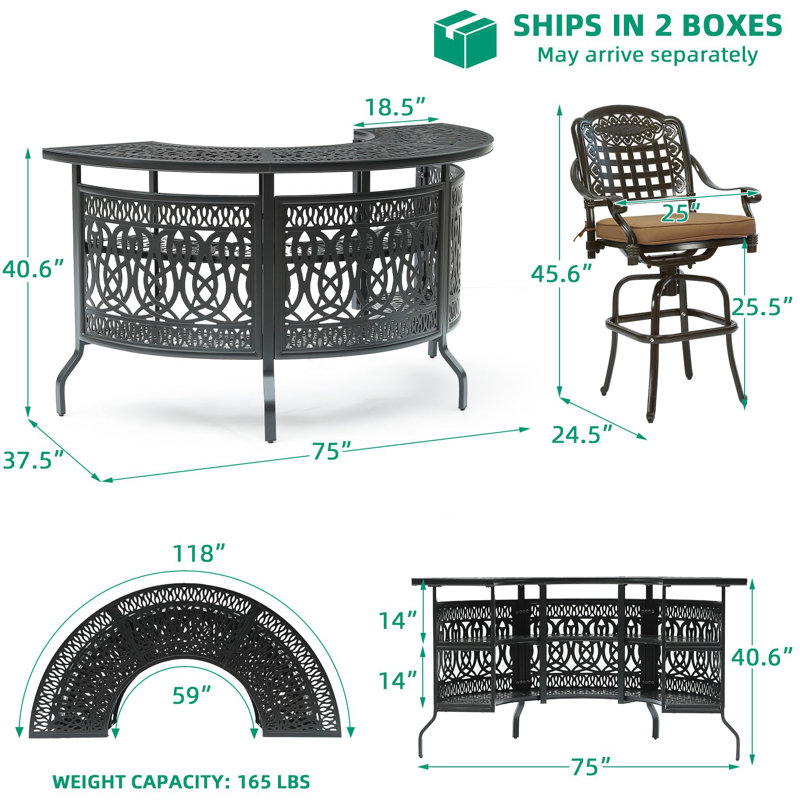  Ensemble de bar de patio 5 pièces, table de bar demi-lune en aluminium coulé résistant aux intempéries avec rangement à 2 niveaux, 4 tabourets et coussins de bar pivotants, ensemble de bar robuste pour le jardin, le bord de la piscine, la cour