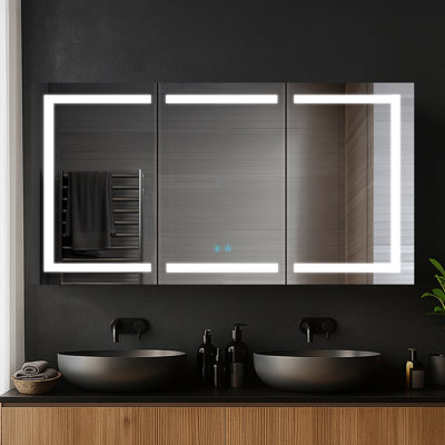 60" Bathroom Medicine Cabinet with LED Mirror – Recessed or Wall-Mount Storage Cabinet, One Touch Built-in Defogger, Dimmable Light, Vanity Mirror, 3 Adjustable Glass Shelves