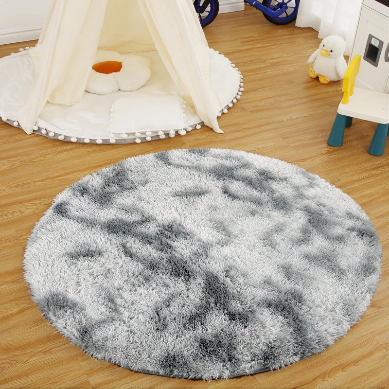 Fluffy Super Soft Round Living Room Rug, Anti-Slip Shaggy Carpet for Bedroom and Modern Home Decor, Tie-dye, Light Grey