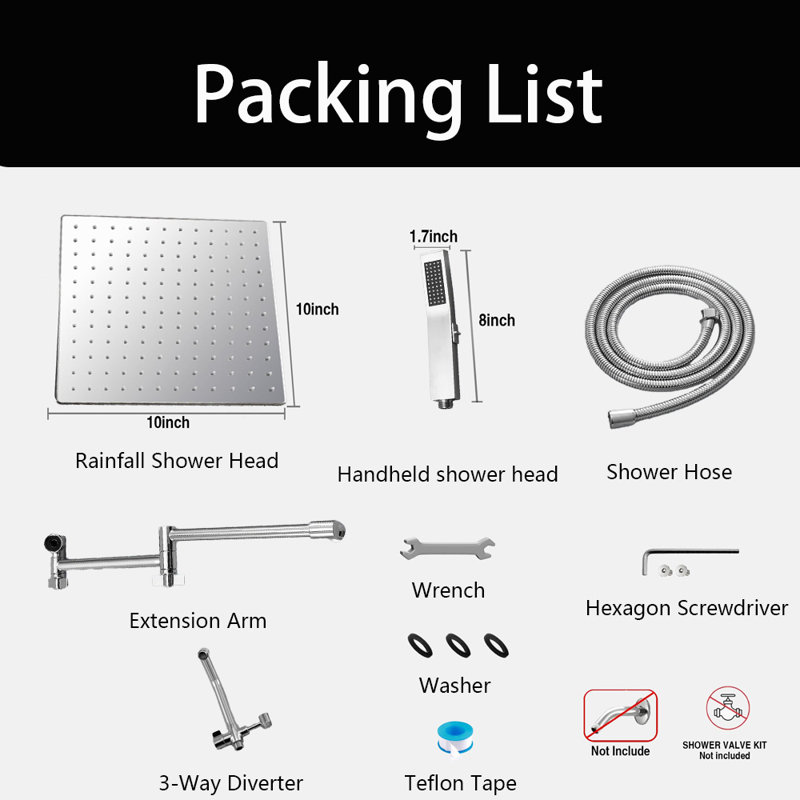 10 Inch All Metal Rain Shower Head With Handheld Built-In Power Wash Mode, With 16" Adjustable Extension Arm, Chrome