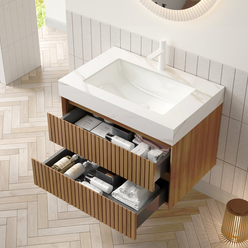 Meuble-lavabo 30 po, armoire de rangement murale en contreplaqué à rayures avec 2 tiroirs, plateau en pierre frittée avec vasque encastrée en céramique Calacatta, pré-assemblé