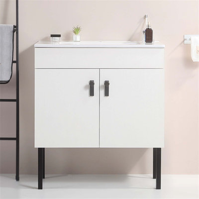 Meuble-lavabo de 30 po avec pieds en métal, avec lavabo en céramique, deux portes d'armoire à fermeture douce, bois massif, sans les robinets
