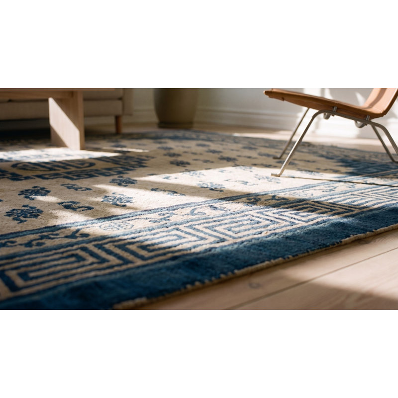 Antique Room Size White and Blue Color Mongolian Medallion Rug