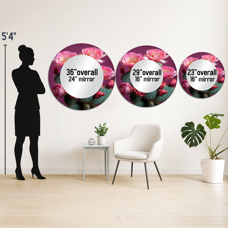 Santosh rose vert cactus désert épineux I - miroir unique de cactus, grand miroir mural rond rose, impression d'art en métal