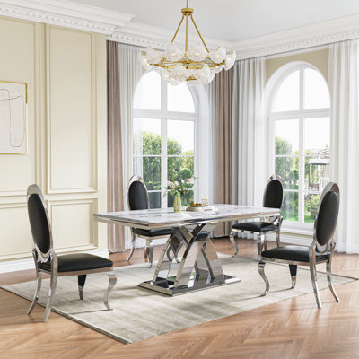 Faux Marble Dining Table With Double X Mirrored Pedestal Base,70.08" Rectangular Dining Room Table