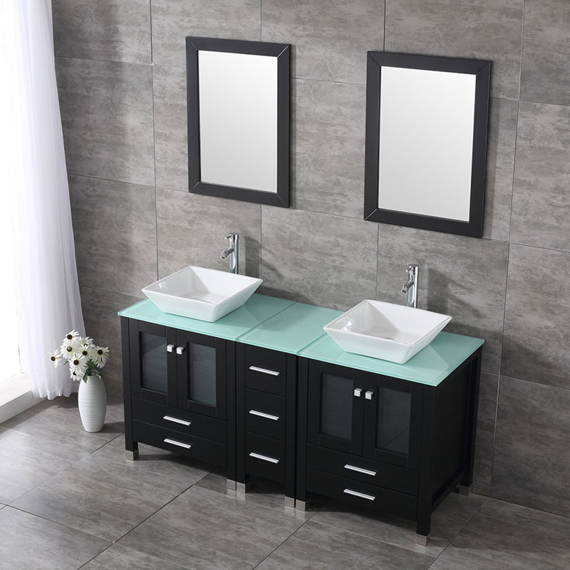 Ensemble de meuble-lavabo double 61,5 po avec miroir Rochon, Blanc