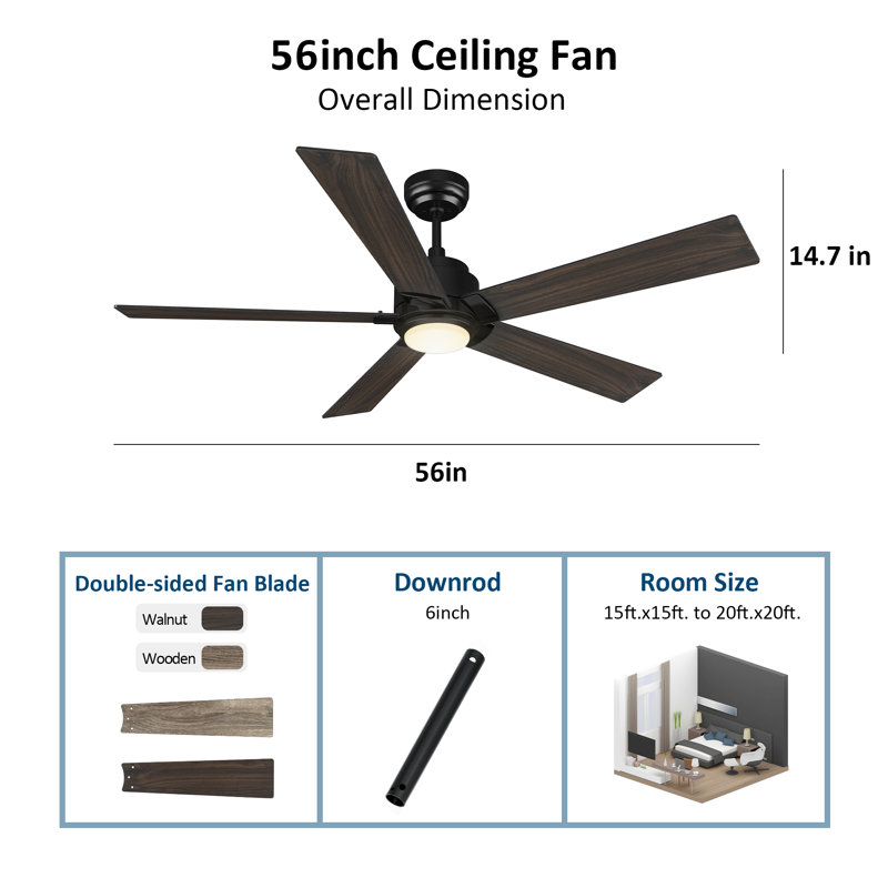 Ventilateur de plafond intelligent à DEL 5 pales 56 "avec lumière, Noir, Chêne gris