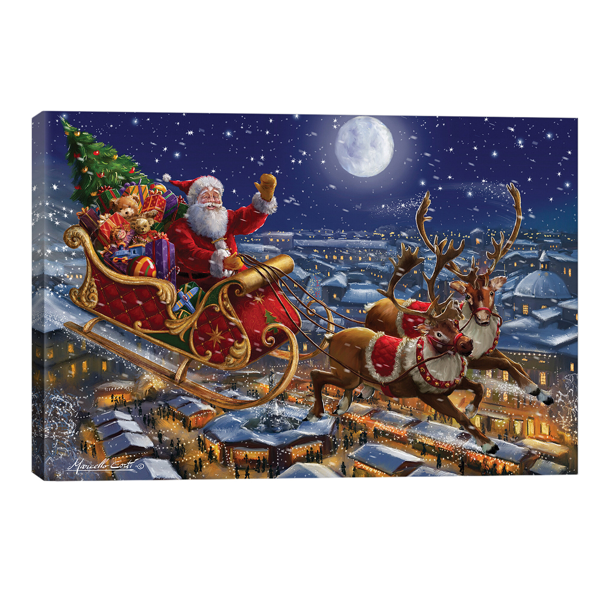 The Seasonal Aisle Santa Sleigh And Reindeer In Sky by Marcello Corti -  Wrapped Canvas Painting