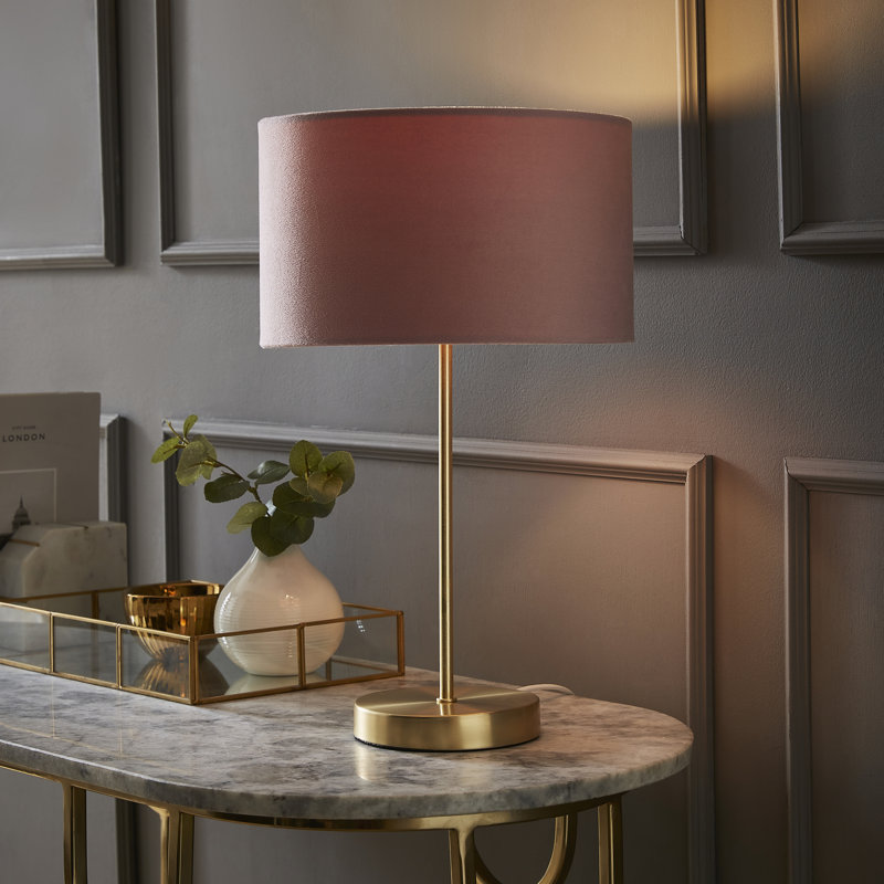 Dadiva Brushed Chrome Stem Table Lamp with Velvet Reni Shade, 38cm H x 17.5 cm W x 44.45cm D, Gold Base/Blush Shade , Yes
